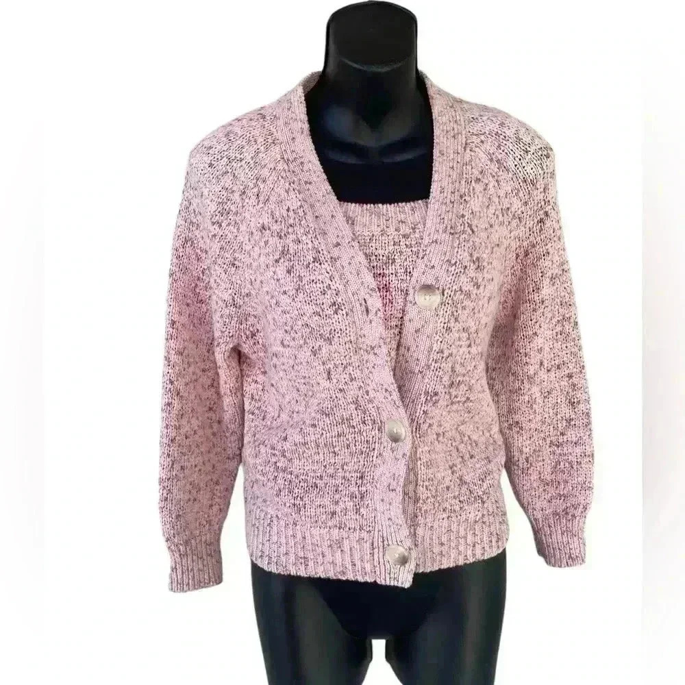 LOFT women’s knit two piece set cardigan pink 3 button super chick sz Small used
